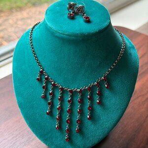 Y2K Claire's Blood Red Rhinestone Drop Necklace and Earrings Set Whimsigoth